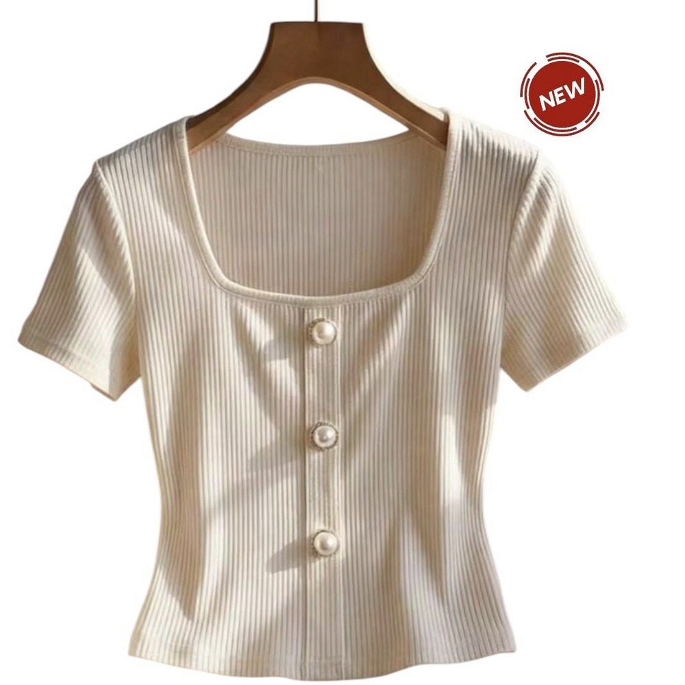 Shein Women Size Medium Top Shirt Scoop Neck Apricot Ribbed Crop NWOT | 16-16
